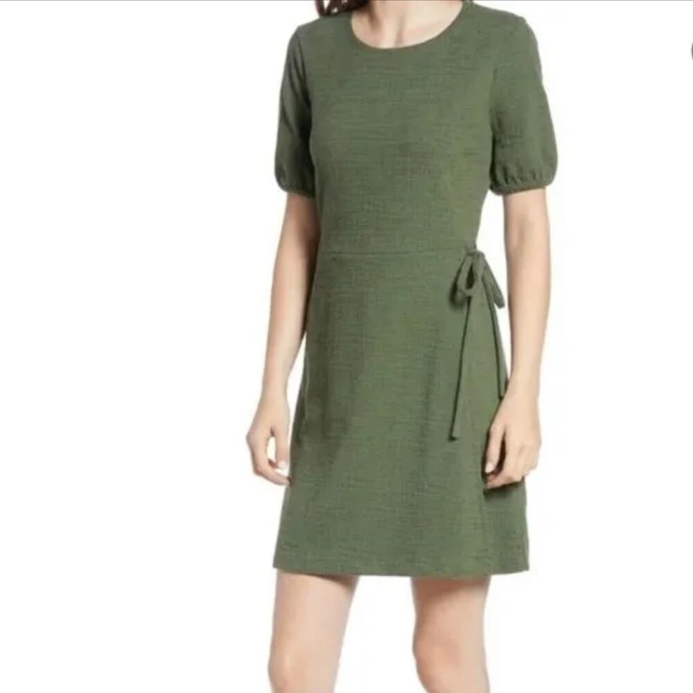 Madewell Crosshatch Puff-Sleeve Faux-Wrap Mini Dress Olive Green EE24